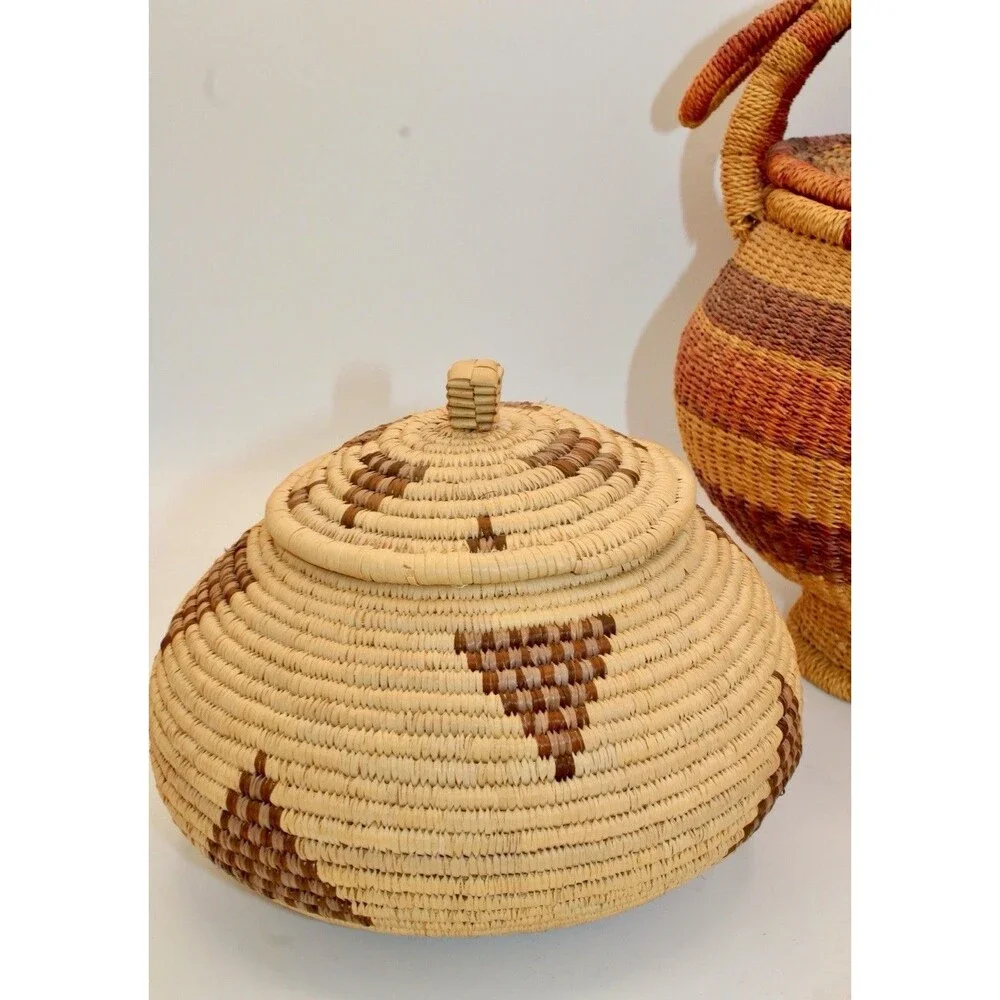 Set Of 2 Authentic Handwoven African Baskets: Zulu Beer Basket & Lidded Storage⁠
